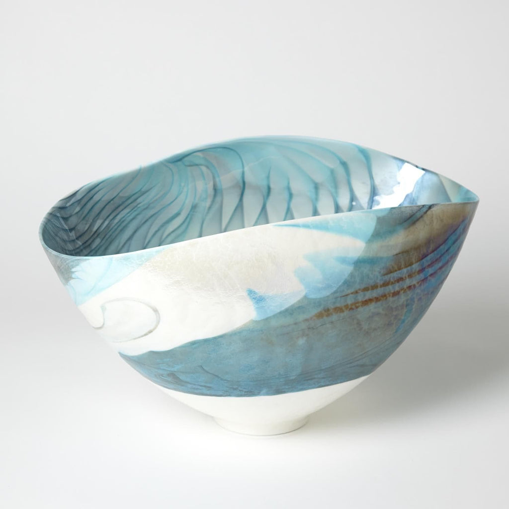 Ivory Turquoise Feather Swirl Oval Bowl - Large-Global Views-GVSA-3.31467-Bowls-1-France and Son