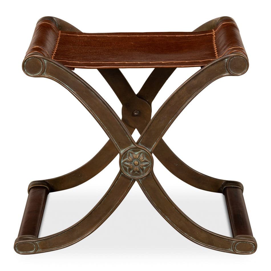 Campaign Leather Folding Stool-SARREID-SARREID-7440008-Stools & Ottomans-1-France and Son