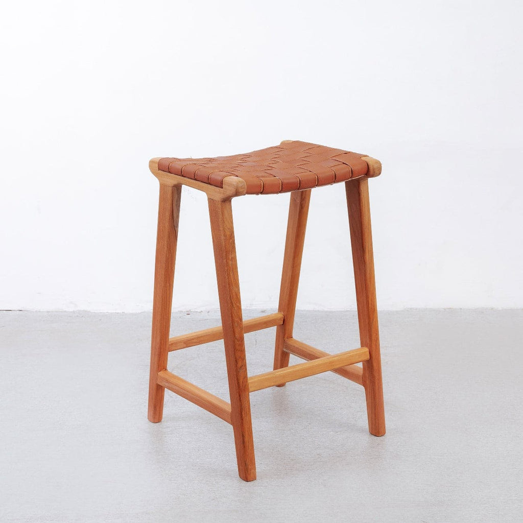 Cahyo Woven Leather Backless Counter Stool-France & Son-FL1137DBRN-Bar StoolsBrown-1-France and Son