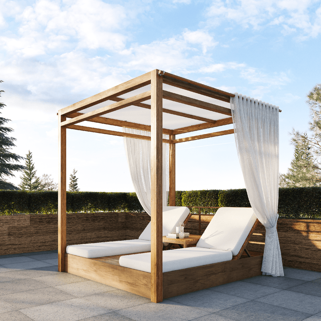 Savannah Teak Twin Outdoor Daybed Canopy Set-France & Son-FL1990-Outdoor Lounge Chairs-1-France and Son