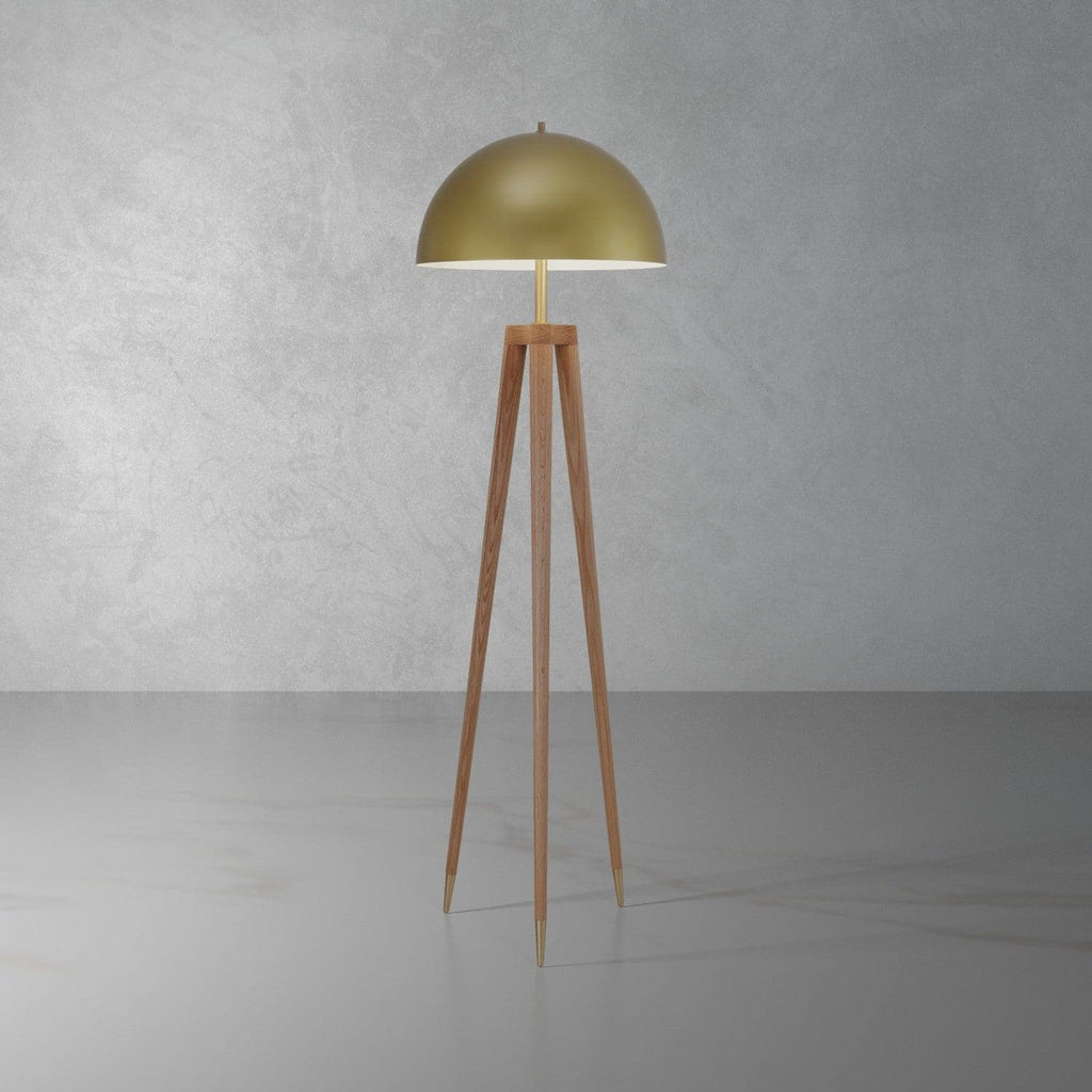 Brass Dome Floor Lamp with Wooden Tripod Base-France & Son-LM1601FBRS-Floor Lamps-1-France and Son