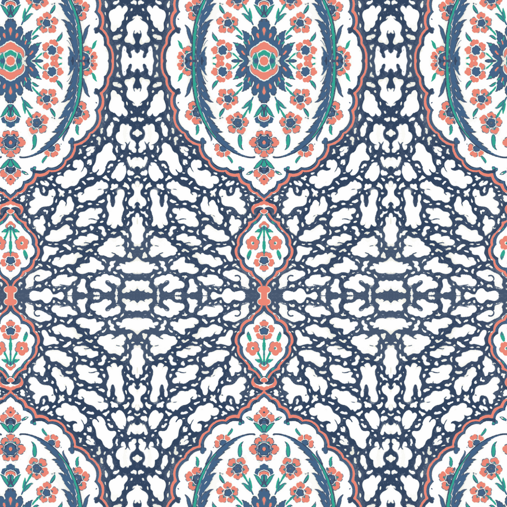 Ottoman Jewel Wallpaper-Mitchell Black-MITCHB-WC380-1-PM-10-Wall DecorPatterns Blues & Coral-Premium Matte Paper-1-France and Son